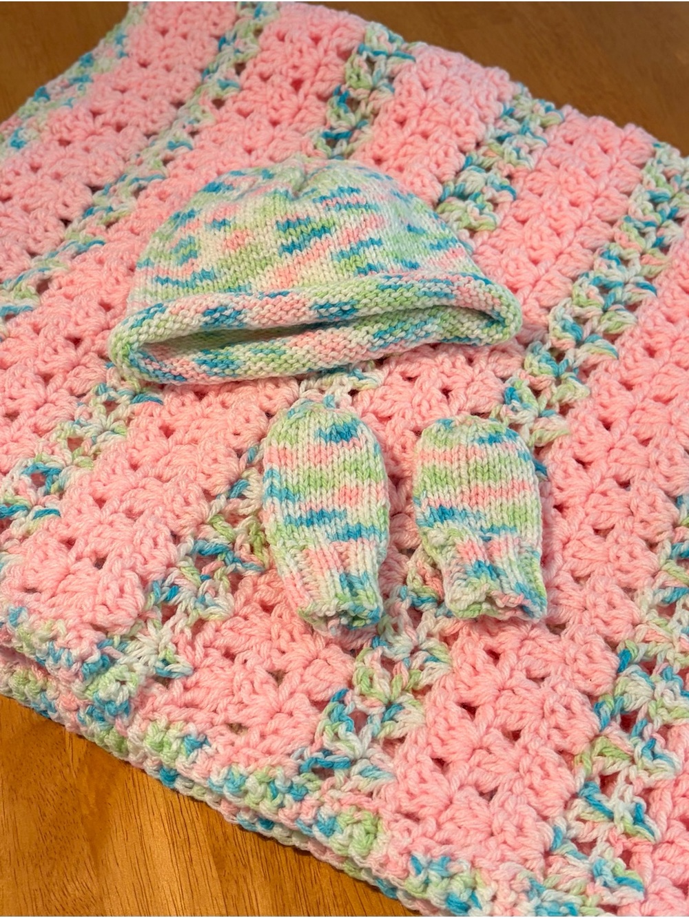 Handmade Baby Hat, Mittens & Blanket Set in Pink and Pastel Multicolor